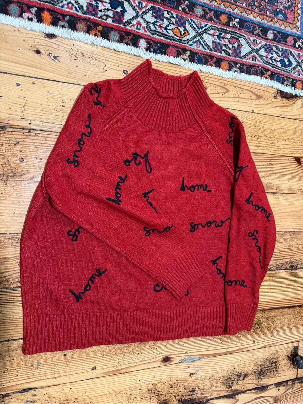 Sundance Red Turtleneck Sweater with Black Script “Cozy” “Home” - XL